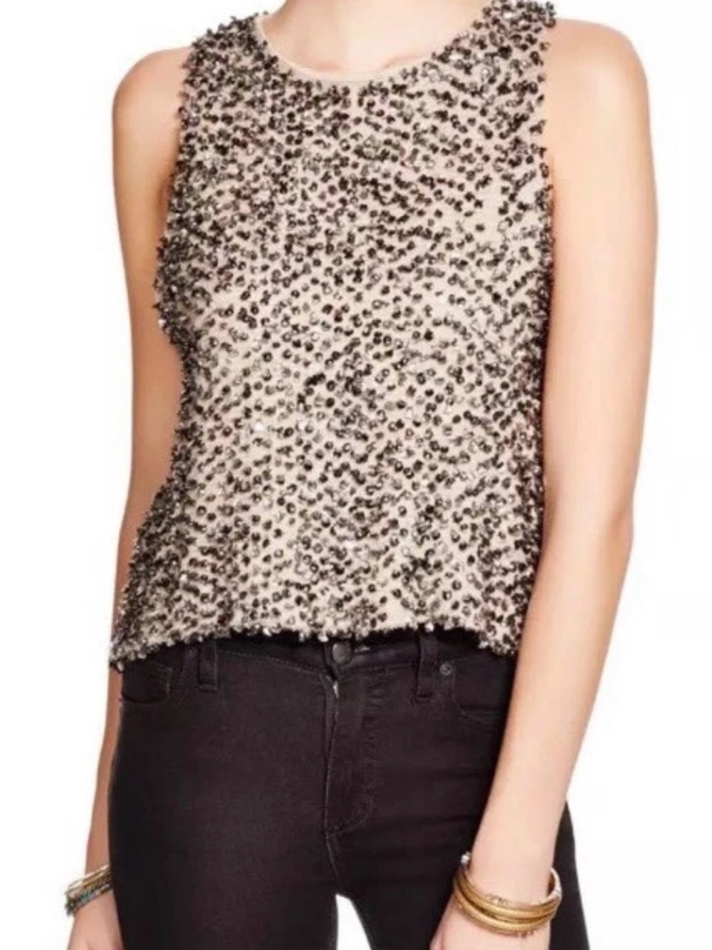 Free People Sequin Open Back Bow Tie Knit Nude Beaded Sleeveless Tank Top